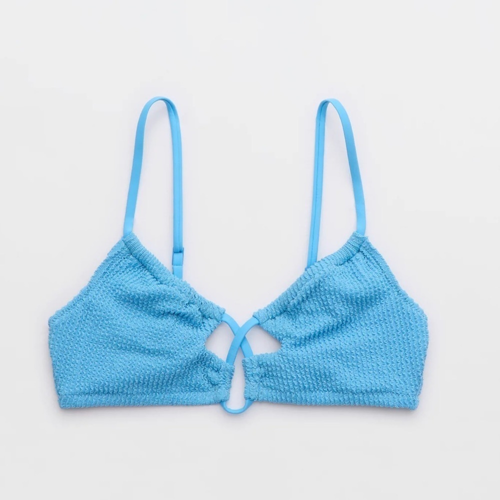 Aerie Shimmery Crinkle Lace Up Scoop Bikini Top XXS Blue NWT UPF 50 PROTECTION
